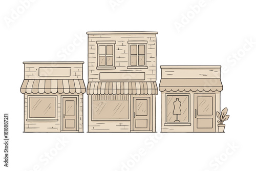 Row of various small business storefronts and shops featuring awnings and classic commercial architecture