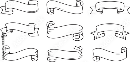 Collection of hand drawn ribbons and banners in black and white