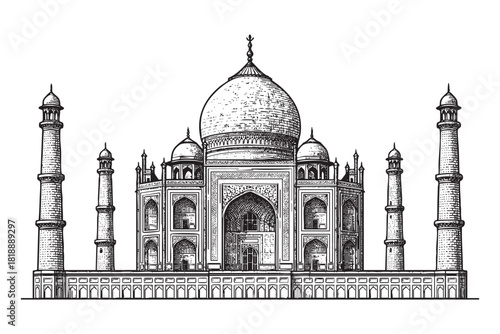 Taj Mahal – Agra, India, engraving vector style