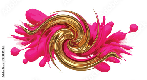 A vibrant abstract design features a swirling gold element surrounded by splashes of bright pink color, creating a dynamic visual effect.