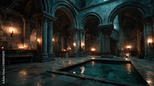 A mystical medieval temple interior at dusk torchlight flickers on wet stone walls creating deep mysterious shadows