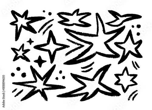 Hand drawn shooting star doodles with sparkle effects. Perfect for Christmas designs, winter holidays, and festive greeting cards. Vector line art illustration with magical emphasis.