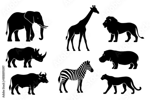 Silhouette collection of african safari animals: elephant, giraffe, lion, rhino, and more.