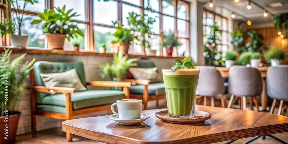 Fototapeta premium Relaxing Cafe Atmosphere with a Refreshing Green Drink and Coffee