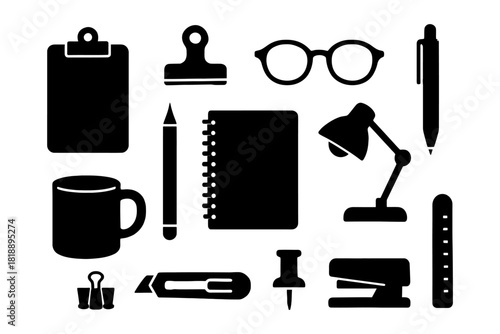 Silhouette collection of office supplies on white background.