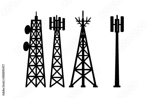 Silhouette collection of various communication towers on white background.
