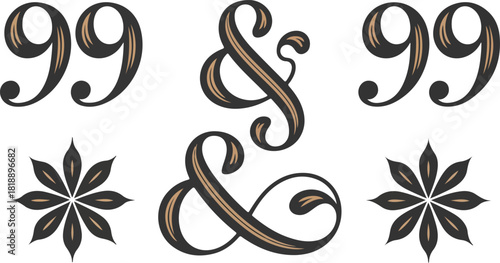 Elegant decorative elements with numbers ampersands and floral ornaments