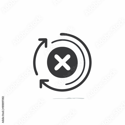 Circular arrows surround a dark circle with a white cross inside representing cancellation or error
