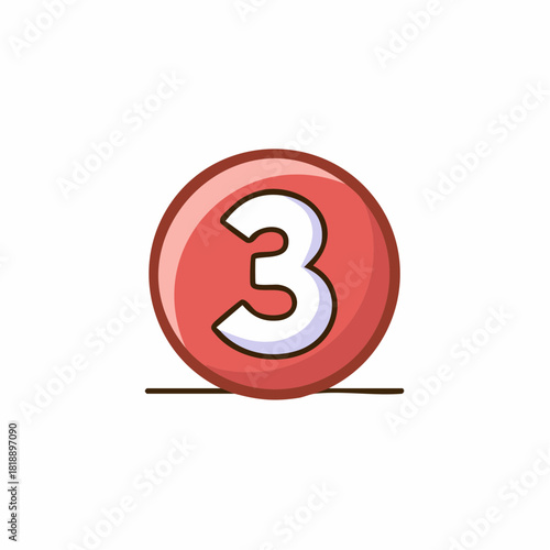 Cute cartoon number three inside a red circle with a thin black line
