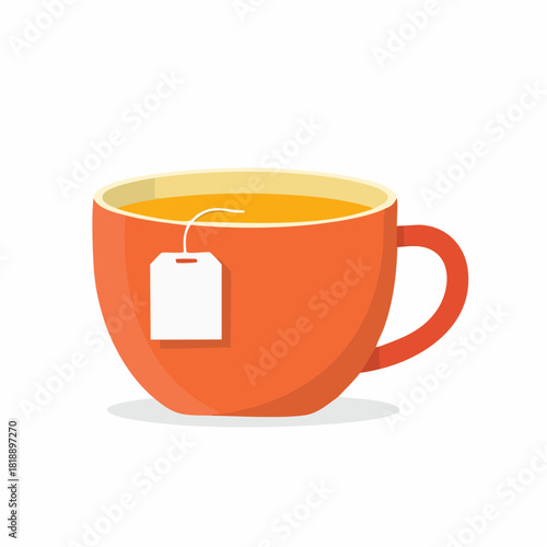 Orange teacup with a white tea bag steeping in hot yellow tea beverage