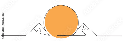 One continuous line drawing of a mountain landscape and sun in a simple line style isolated on a white background. Vector illustration, editable line art.