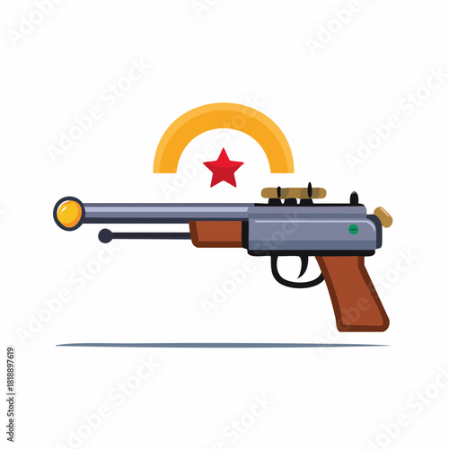 Cartoon blaster weapon with red star and golden arch, toy gun side view, stylized sci fi blaster illustration