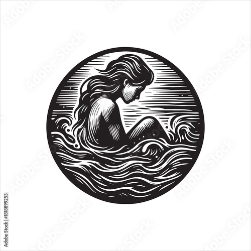 Mythical water nymph in a circular vintage woodcut style vector logo illustration