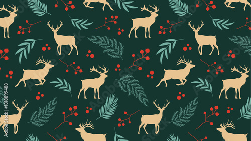 Seamless Scandinavian Christmas Pattern. Abstract Silhouette of Reindeer and coniferous branches. Background for greetings, postcards, printing, wrapping paper