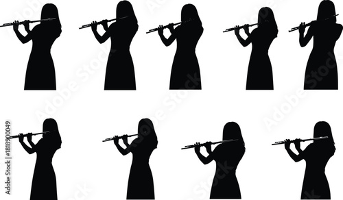 Black silhouette of a woman in a long dress playing a flute female