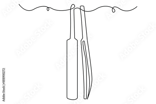 Single line art of cricket bat and ball with stumps continuous outline drawing isolated on white background
