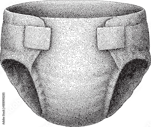 Halftone Baby Diaper Illustration – Detailed Black and White Drawing