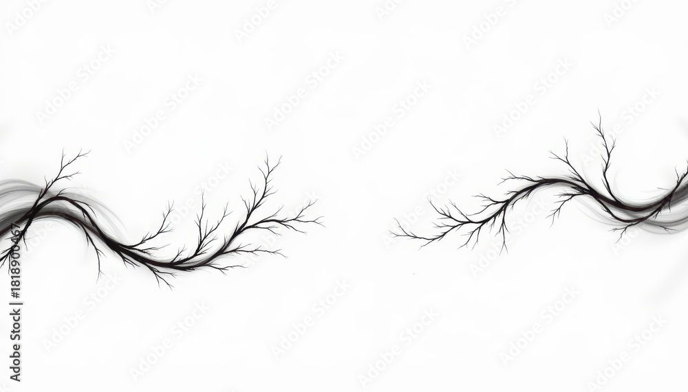Fototapeta premium Branches with black smoke on white background two dark branches emit black smoke standing out sharply against clean white background