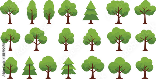 Diverse green vector trees and evergreens collection, flat graphic design elements set for nature, forest, park, ecology, environment, landscaping, or growth concept illustrations, isolated.