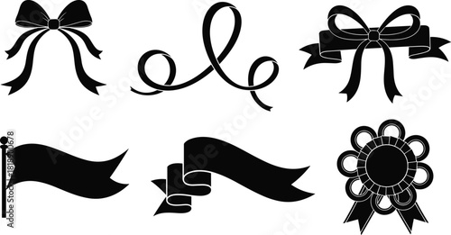 Collection of black ribbon and bow graphic elements banner flag