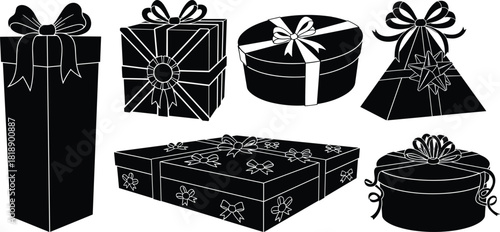 Collection of Black Silhouette Gift Boxes with White Ribbons and Bows present celebration