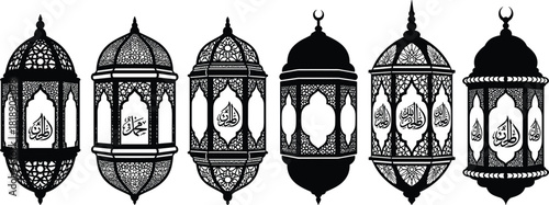 Collection of six black Islamic lanterns with intricate patterns and Arabic calligraphy