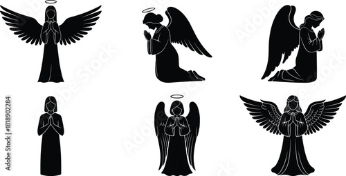 Collection of six black silhouette angels with halos and wings in various praying poses
