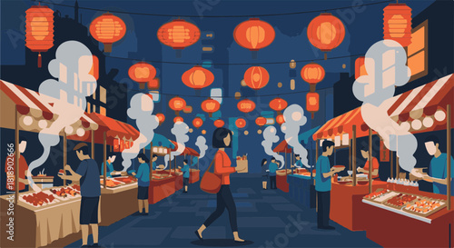 Woman walking through a vibrant night market scene filled with red lanterns and bustling street food stalls. Night market showcases busy vendors, various culinary offerings,
