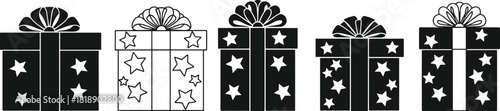 Five black and white gift boxes with star patterns and bows present package