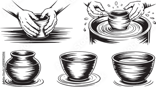 Handmade pottery wheel process and ceramic vessels black and white