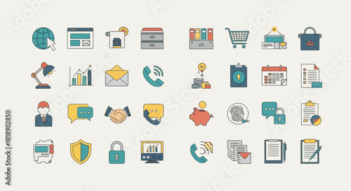 Flat design business and finance icon set featuring various essential symbols