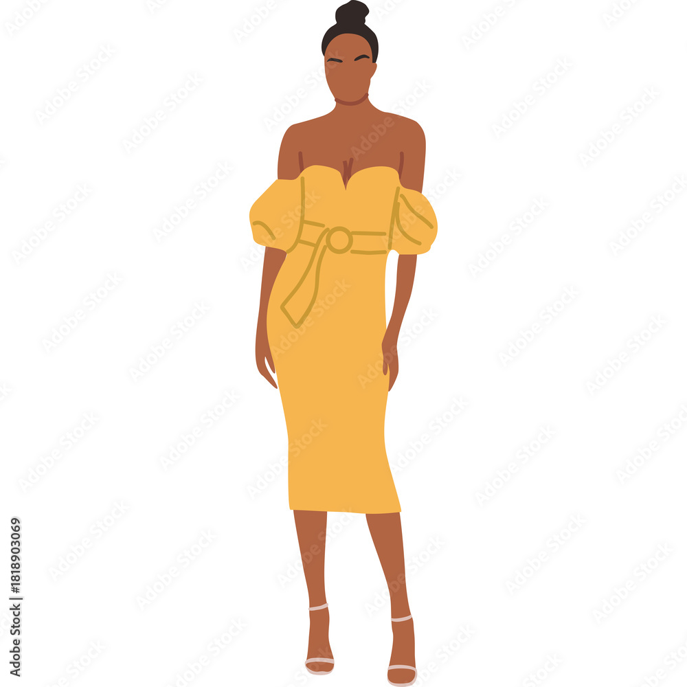 Fototapeta premium Elegant Woman in Off Shoulder Yellow Dress with Puffed Sleeves and Belt Detail Standing on Transparent Background