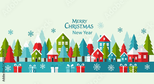 Festive Christmas and New Year Vector Illustration with Colorful Houses and Trees