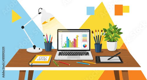 Creative workspace illustration with laptop, art supplies and modern design elements