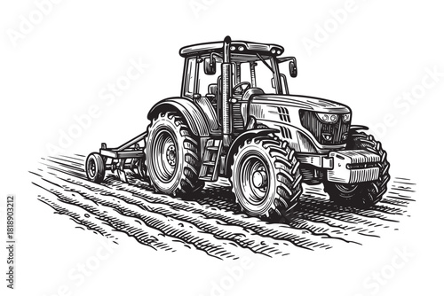farm tractor engraving vector style