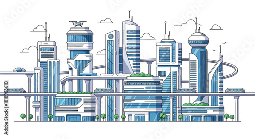 Futuristic cityscape with sleek modern architecture elevated transport systems and green spaces