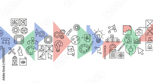 Vector line art illustration showcasing creative and technical skills and professions