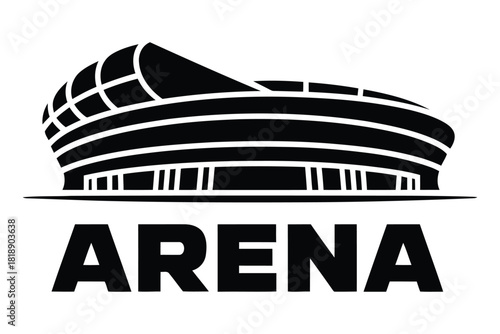 Black and white graphic illustration of a modern stadium structure with the word A R E N A below arena