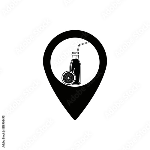Lemonade bottle with straw and lemon slice inside a location pin icon