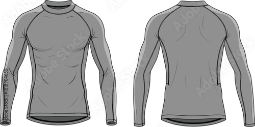 Men's long sleeve compression shirt, front and back view, technical fashion illustration, tight rash guard vector template, athletic gym base layer mockup