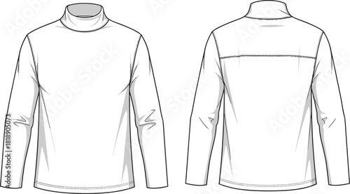 Men's turtle neck long sleeve shirt, front and back view, technical fashion illustration, thermal base layer vector template, winter pullover clothing mockup