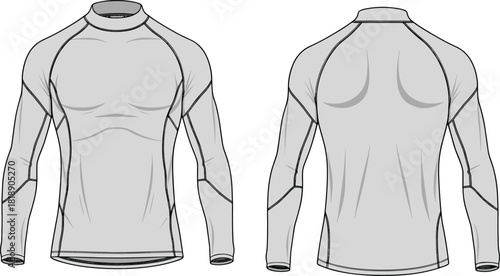 Men's raglan long sleeve compression shirt, front and back view, technical fashion illustration, sport rash guard vector template, athletic base layer mockup