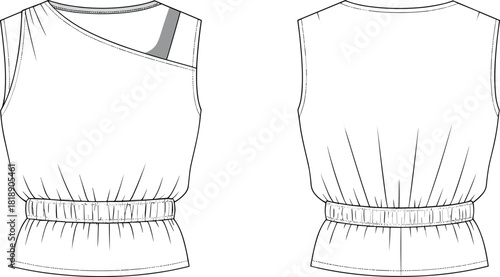 Vector technical sketch of women's sleeveless top with elastic waist, asymmetric neckline, front and back view, fashion flat illustration for design clothing template.