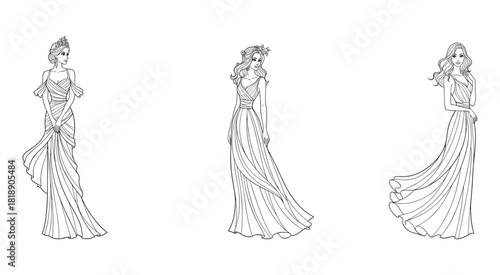 Three women in flowing gowns and head adornments line drawing woman female