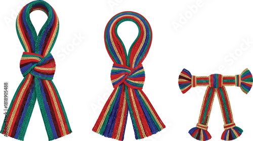 Three braided fabric ribbons in red blue green and gold with knots and tassels vector