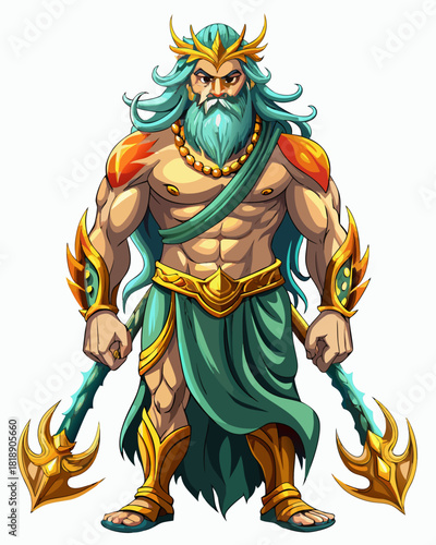 Poseidon real,full body real print Style, white background	