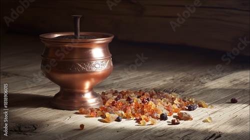 burner. Amber resin pieces and a copper incense burner on a rustic wooden table. event programs, museum guides, designed for cultural heritage projects and event programs, used by policy analysts.