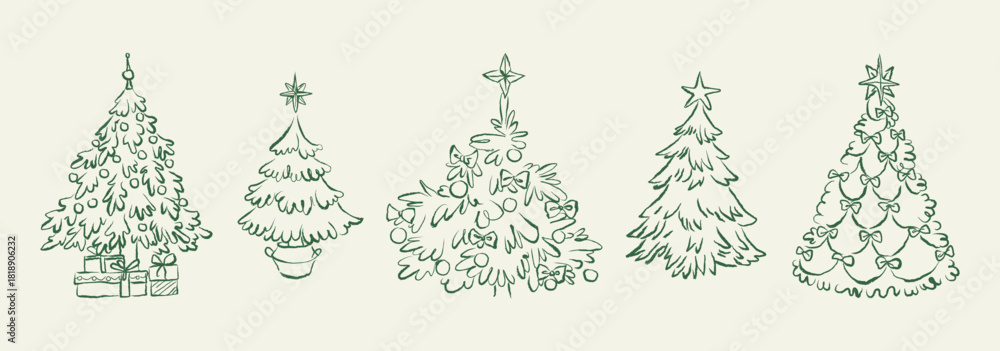 Fototapeta premium Vintage Christmas tree hand drawn set. Whimsical pine tree sketches with Holiday decor for greeting cards, party invitations, posters, and gift wrapping. Vector doodle charcoal illustration.