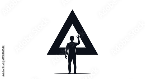 Silhouette of a person raising their hand inside a large triangle on a white background