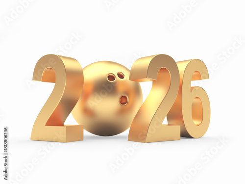 3D illustration of the number 2026 with a golden bowling ball. Isolated on a white background.